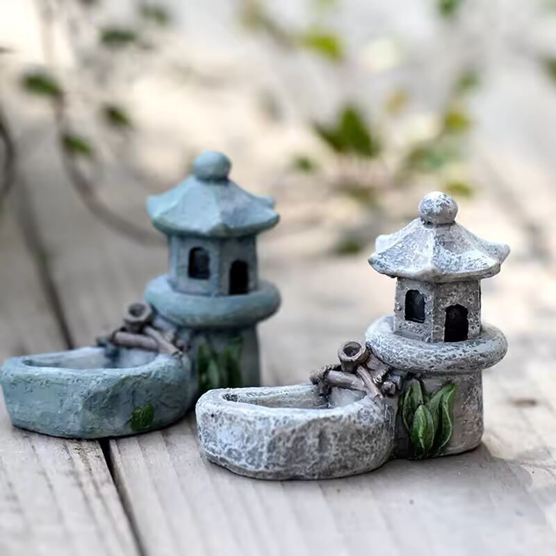 Mini Retro Pond Tower Resin Craft Fairy Garden Decor Figurines Toys DIY Miniatures Terrarium Micro Landscape Home Ornaments